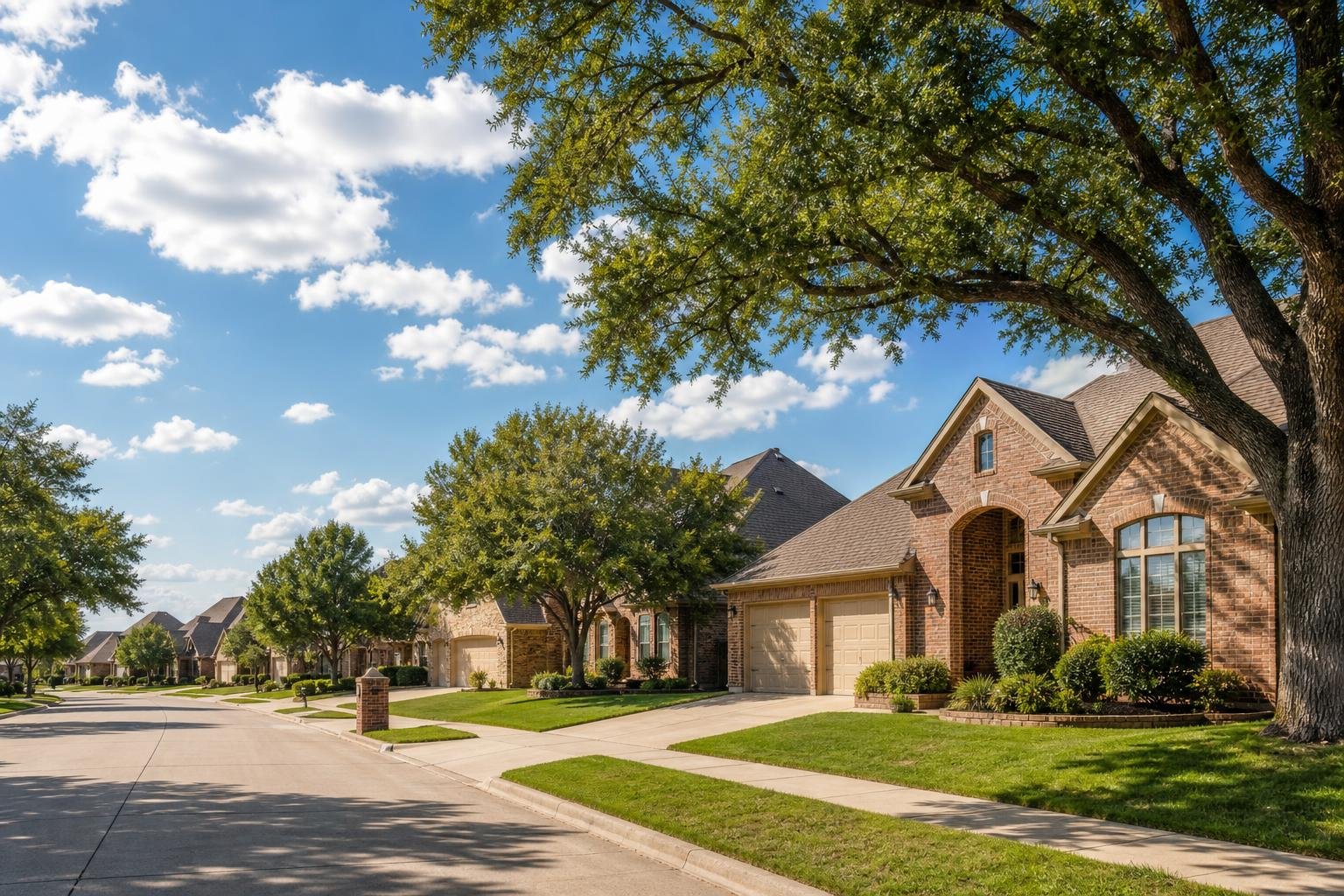 A quiet suburban residential street with large brick houses, manicured lawns, and mature trees under a bright blue sky with scattered clouds.
